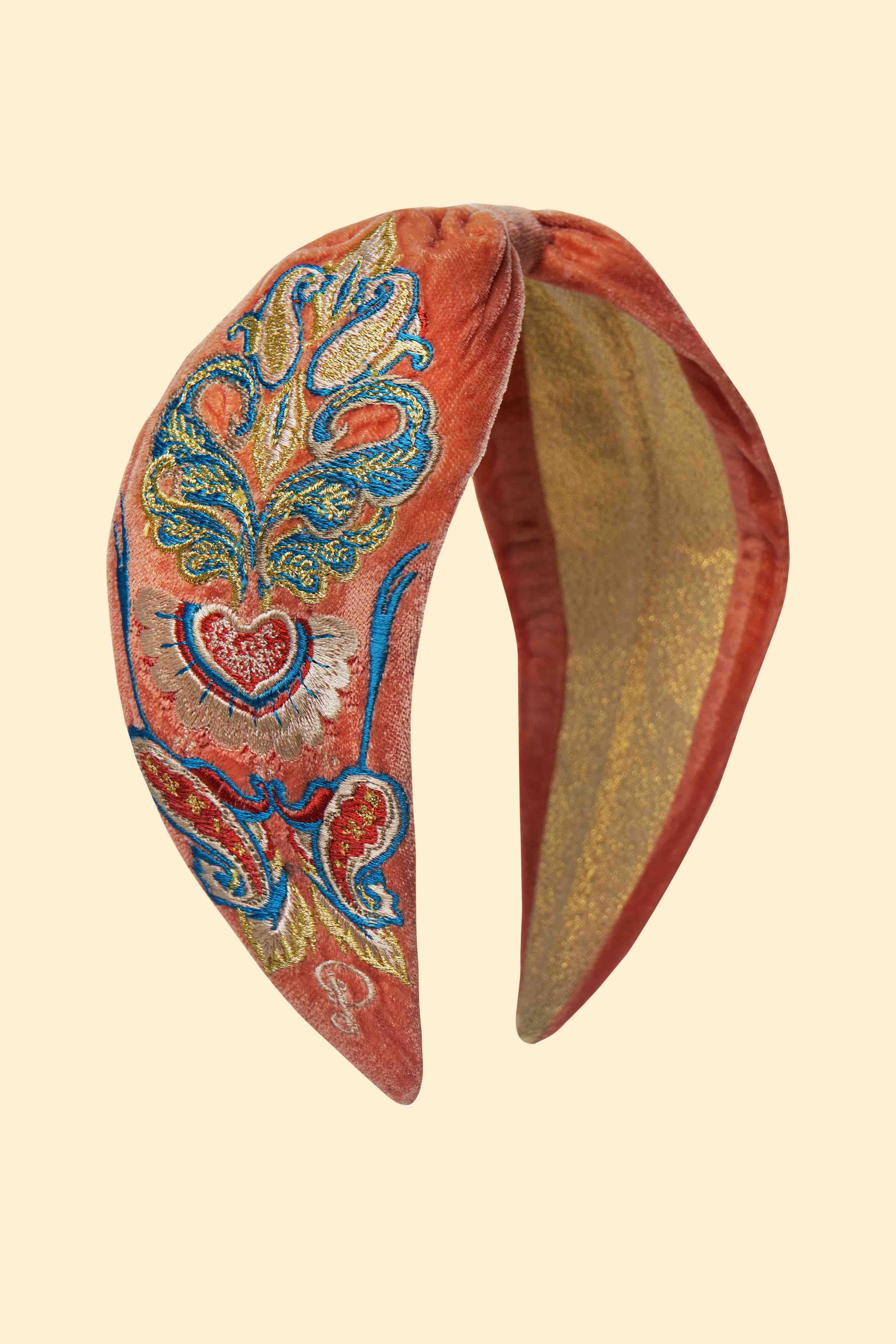 Velvet Embroidered Headband | Mediterranean Paisley in Coral