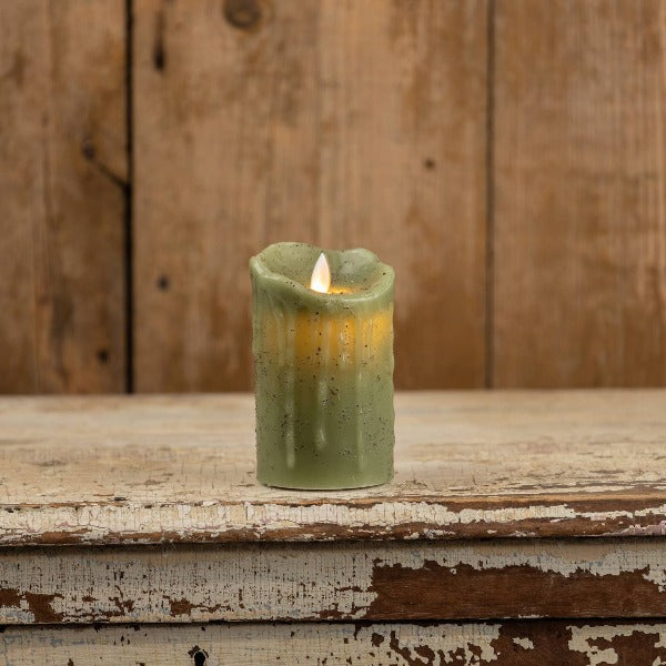 Bougies piliers à flamme mobile verte {plusieurs tailles}