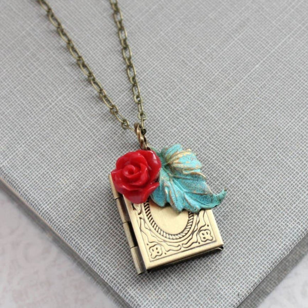 Red Rose Book Locket Necklace