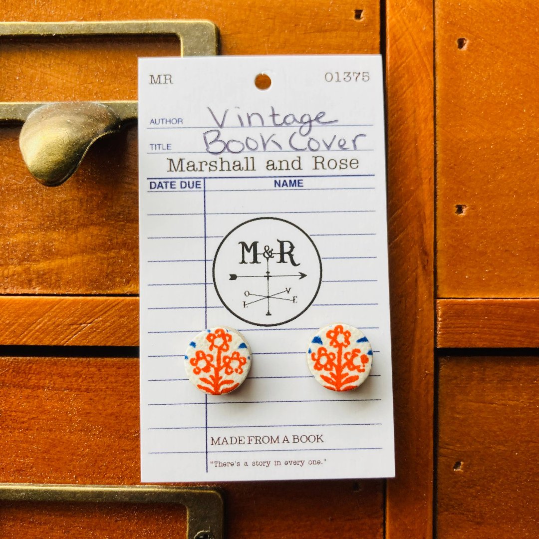 Blue with Red Flower Vintage Book Cover Post Earrings