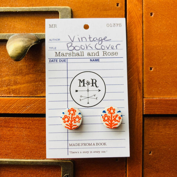 Blue with Red Flower Vintage Book Cover Post Earrings