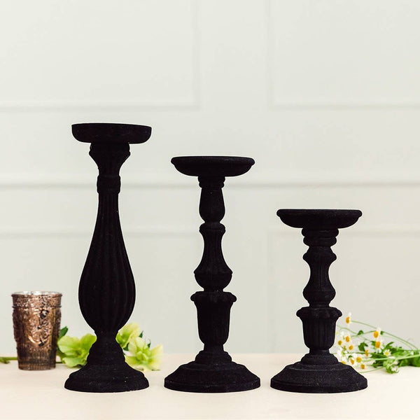 Tiered Velvet Spindle Candle Holder Set | Black {3-Piece}