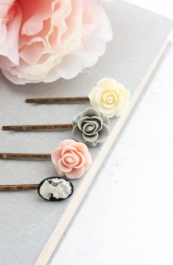 Flower Bobby Pins with Black Cameo