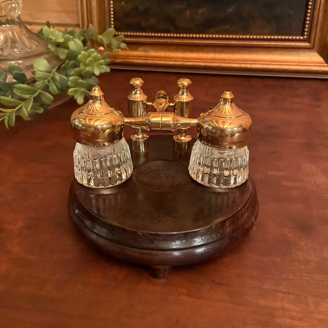 Wood and Polished Brass Dual Inkwell Stand