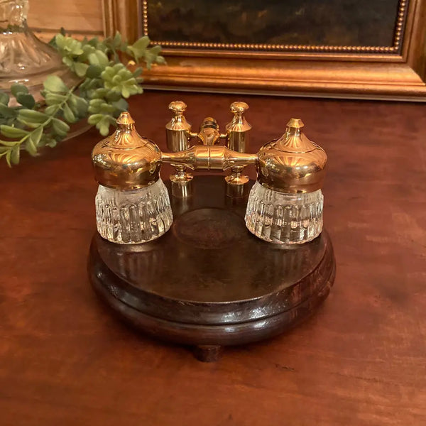 Wood and Polished Brass Dual Inkwell Stand