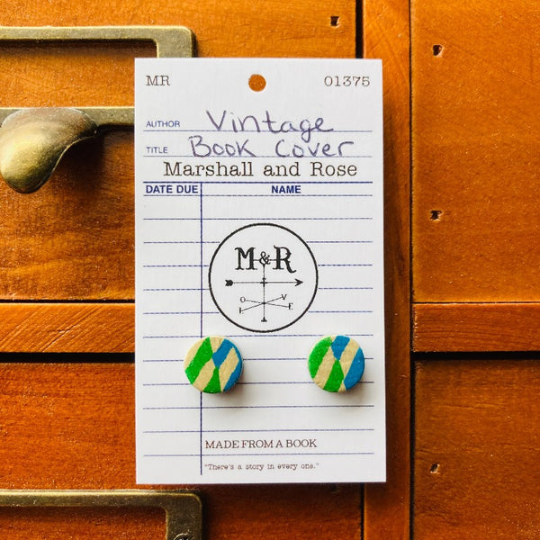 Green & Blue Mod Vintage Book Cover Post Earrings