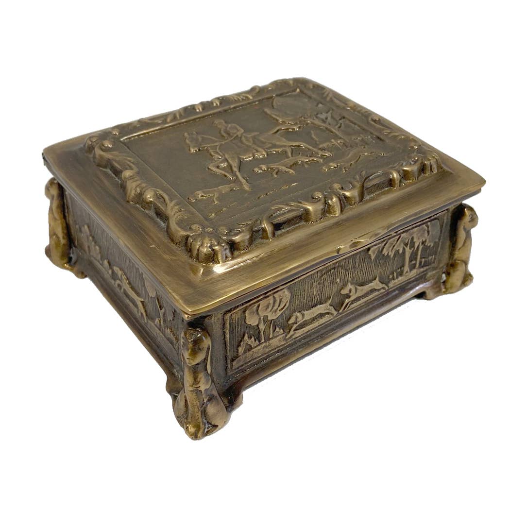 Boîte à bijoux équestre en laiton antique