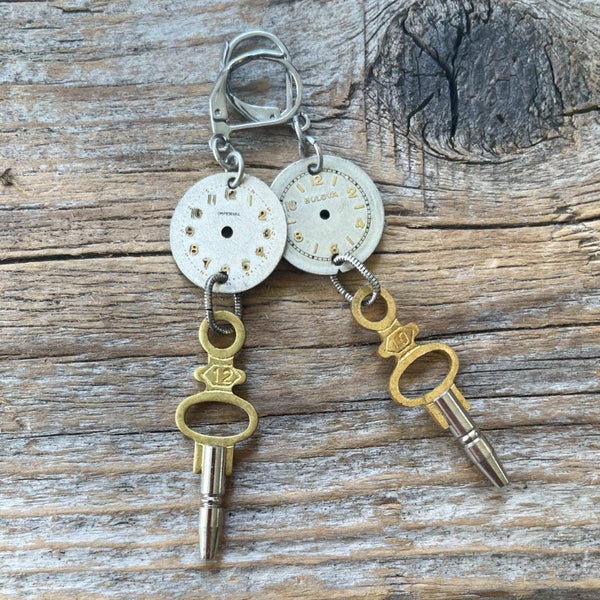 Vintage Watch Dial + Pocket Watch Key Earrings