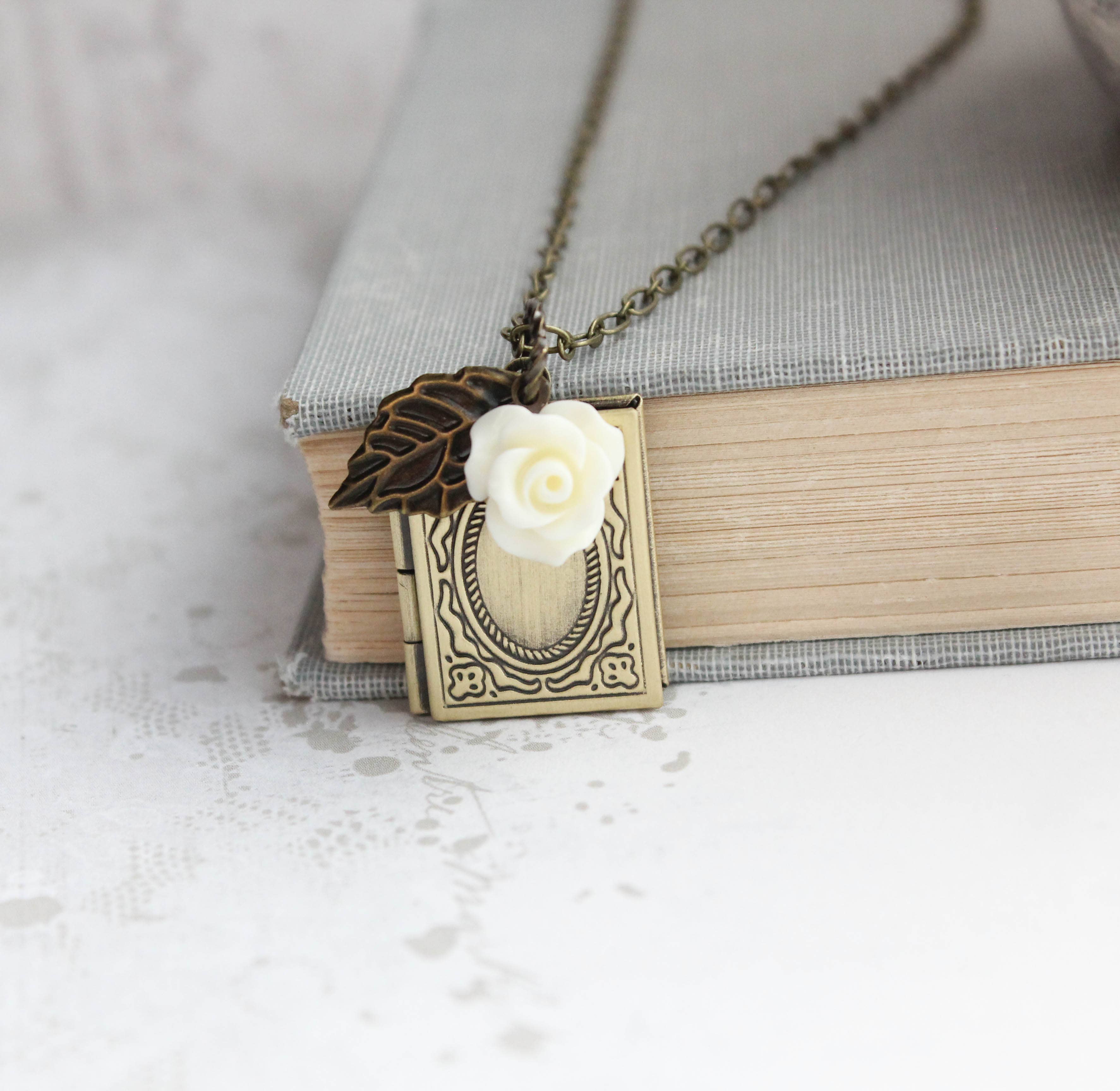 Cream Rose Book Locket Necklace