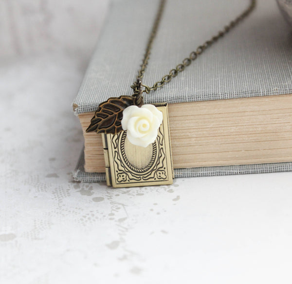 Cream Rose Book Locket Necklace