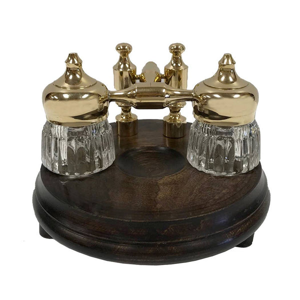 Wood and Polished Brass Dual Inkwell Stand