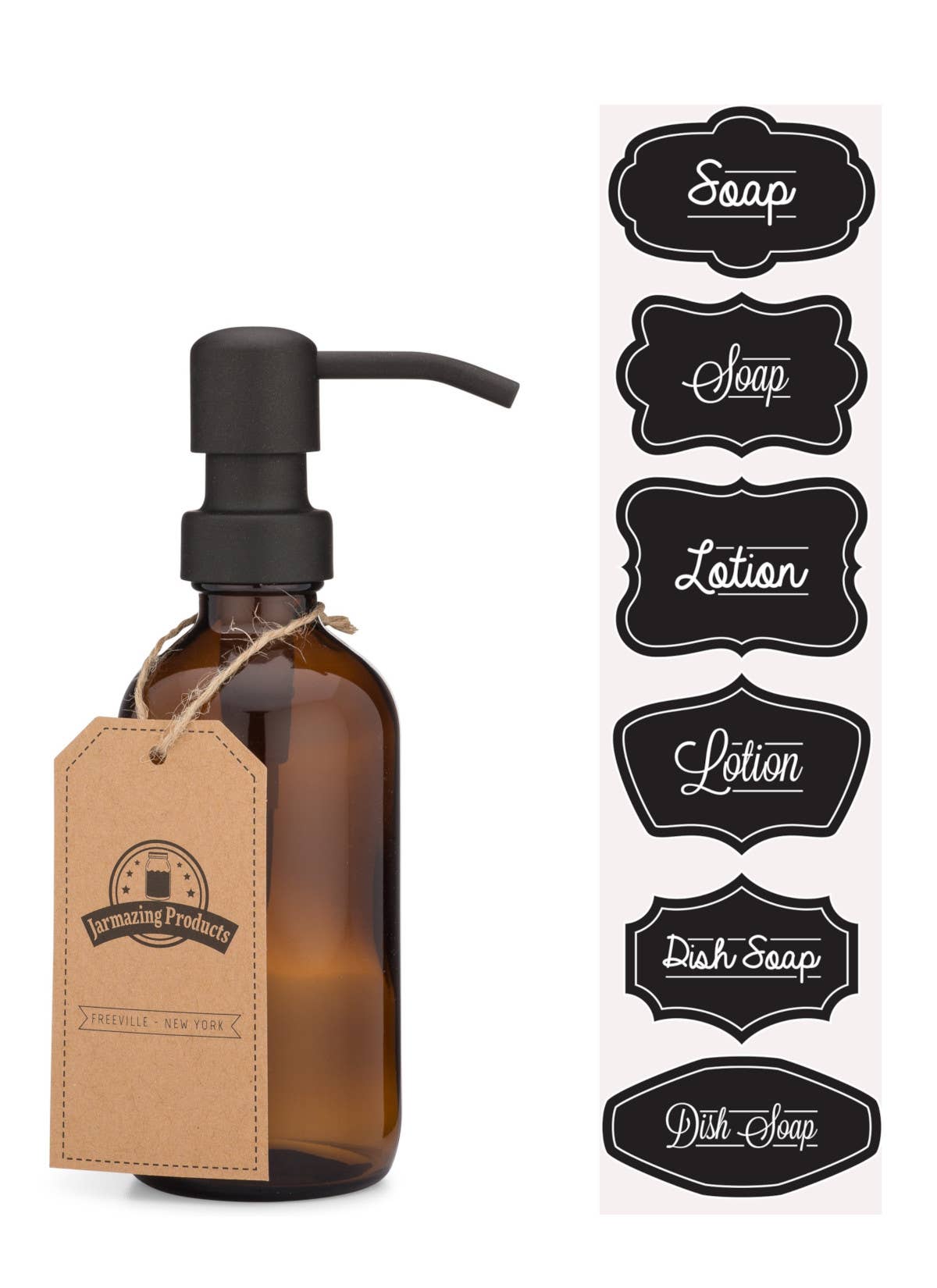 Distributeur en verre ambré de 8 oz avec pompe en métal noir mat