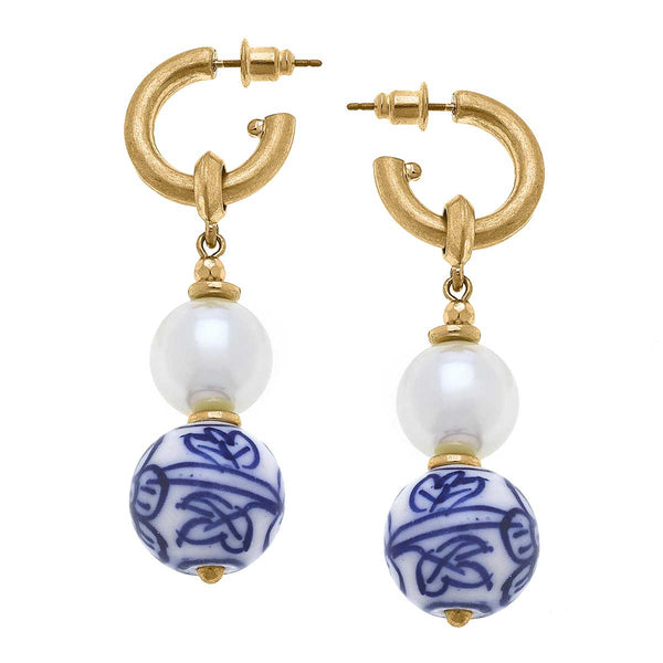 Margaret Chinoiserie & Pearl Drop Hoop Earrings