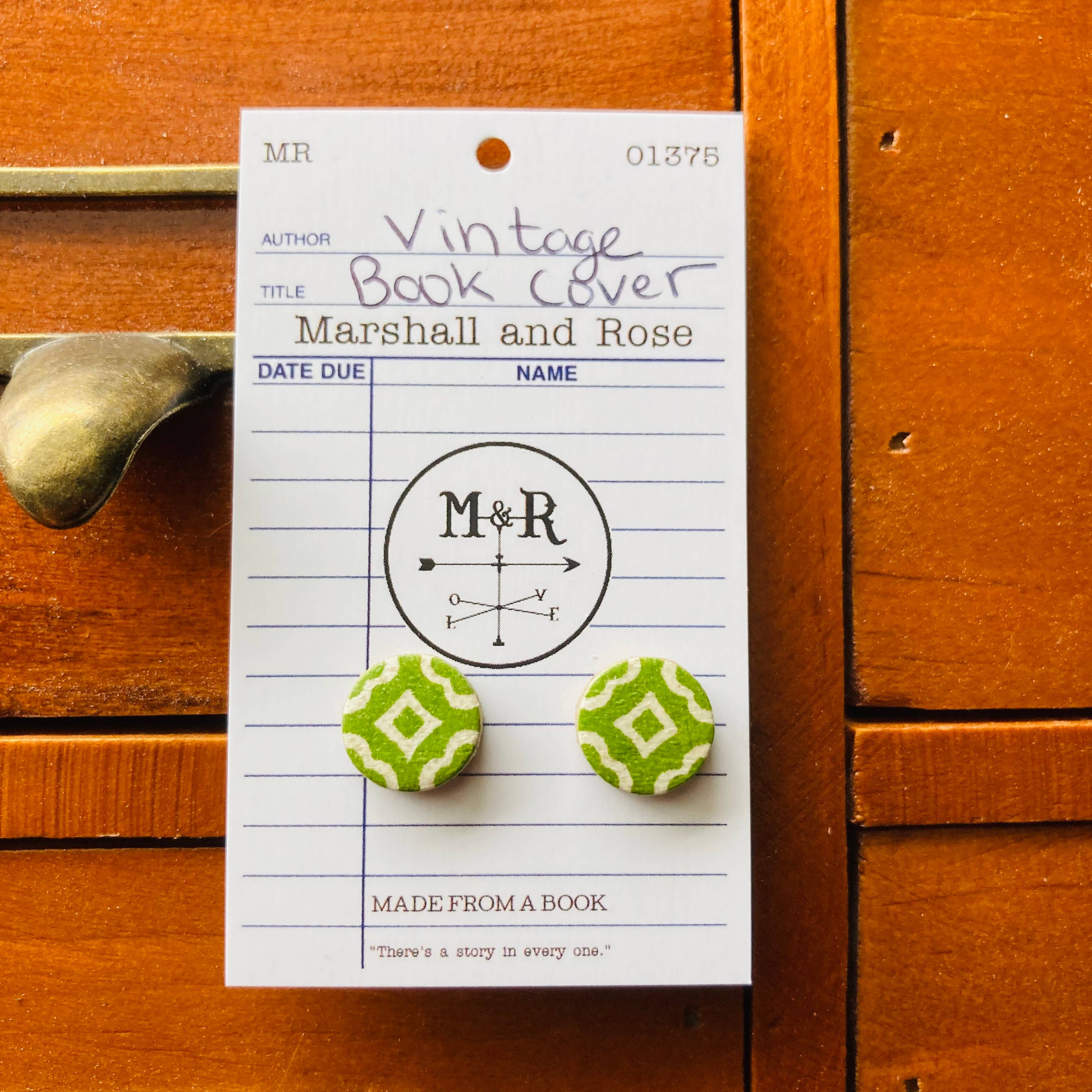 Green and White Vintage Book Cover Post Earrings