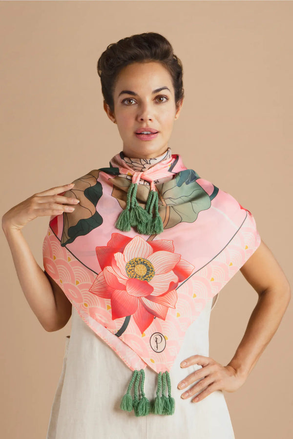 Tasseled Crane at Sunrise in Petal | 100% Silk Scarf