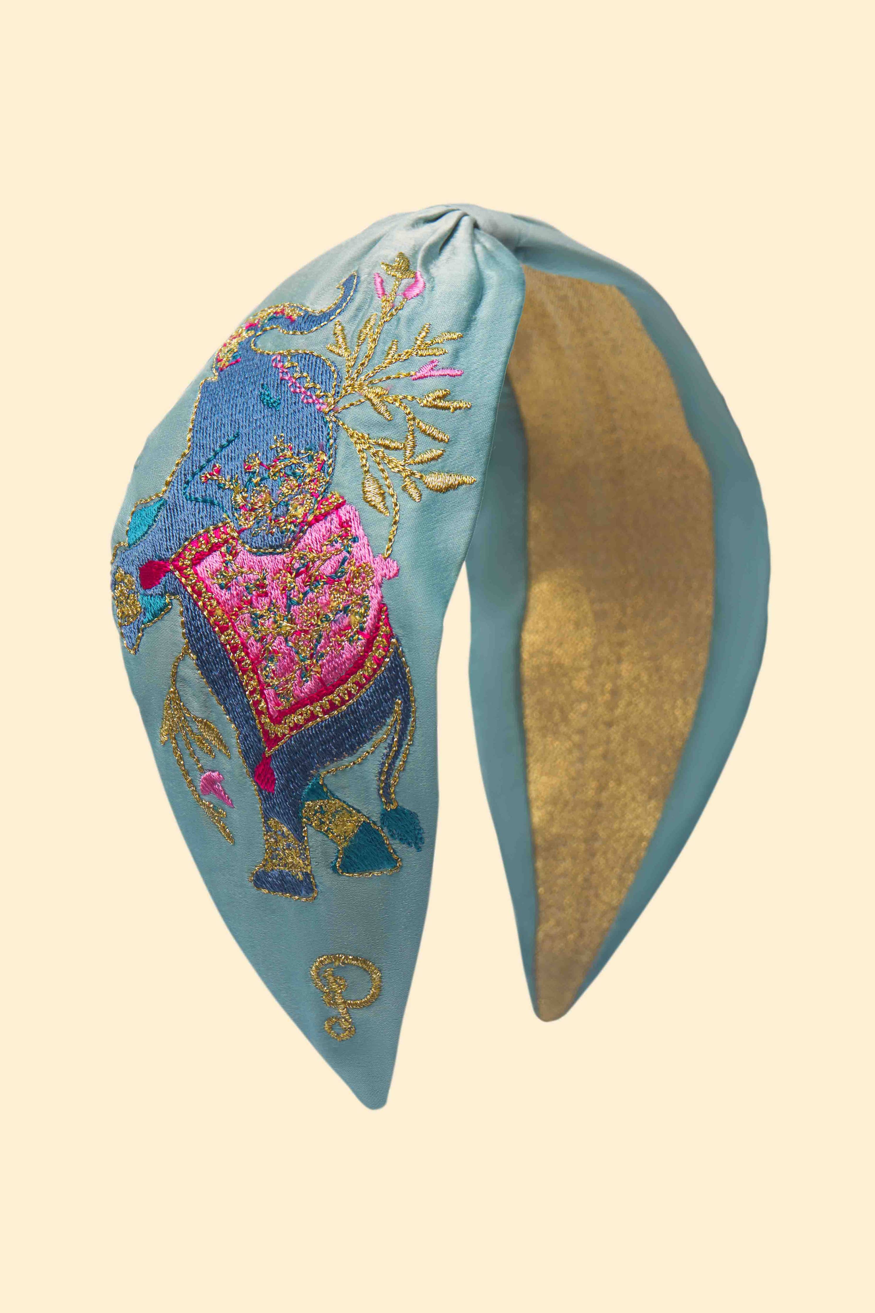 Bandeau brodé en satin | Éléphant en bleuet