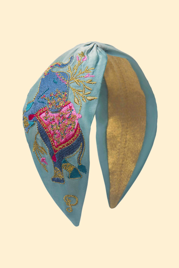 Bandeau brodé en satin | Éléphant en bleuet