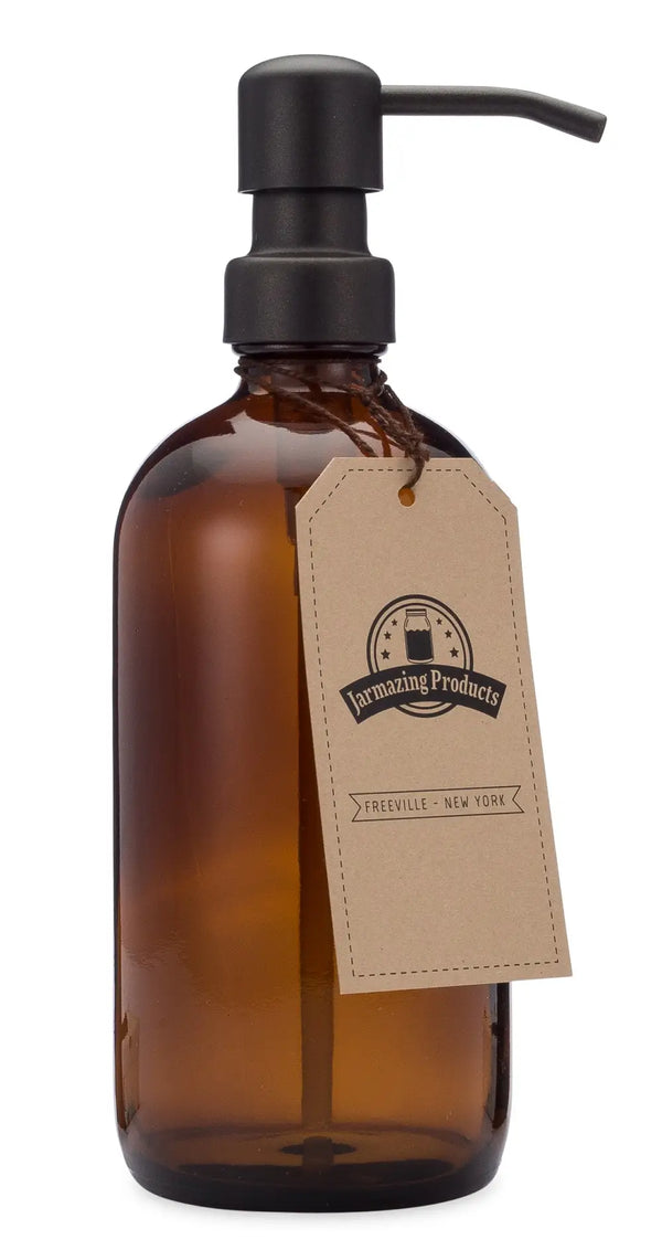 Distributeur en verre ambré de 16 oz avec pompe en métal noir mat {ensemble de 2}