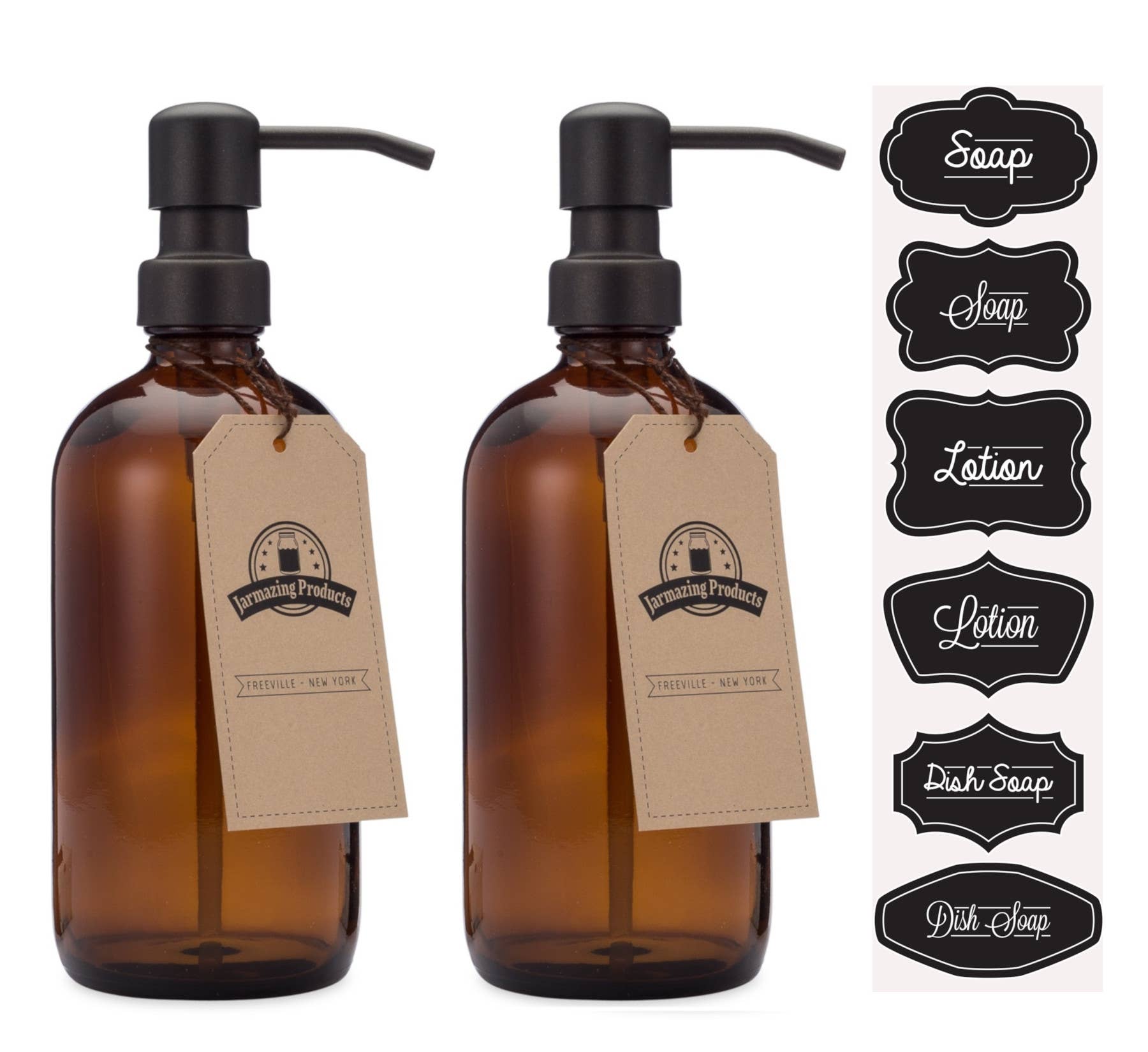 Distributeur en verre ambré de 16 oz avec pompe en métal noir mat {ensemble de 2}