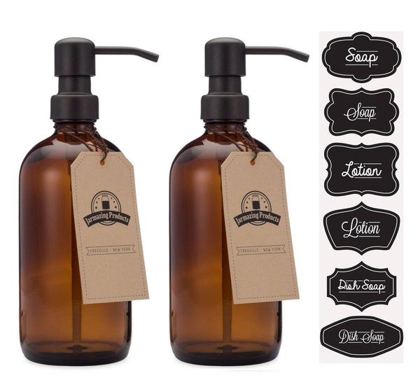 Distributeur en verre ambré de 16 oz avec pompe en métal noir mat {ensemble de 2}
