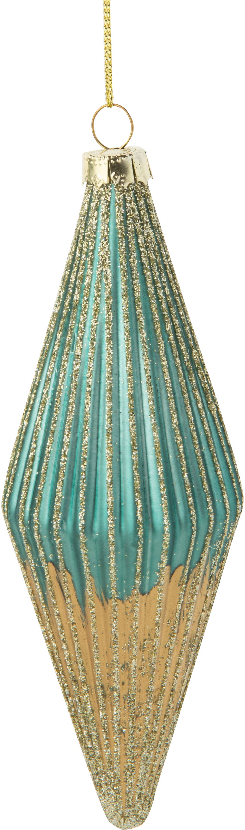 Ornement en forme de larme cannelée en verre soufflé | Ombré Turquoise Mat & Or