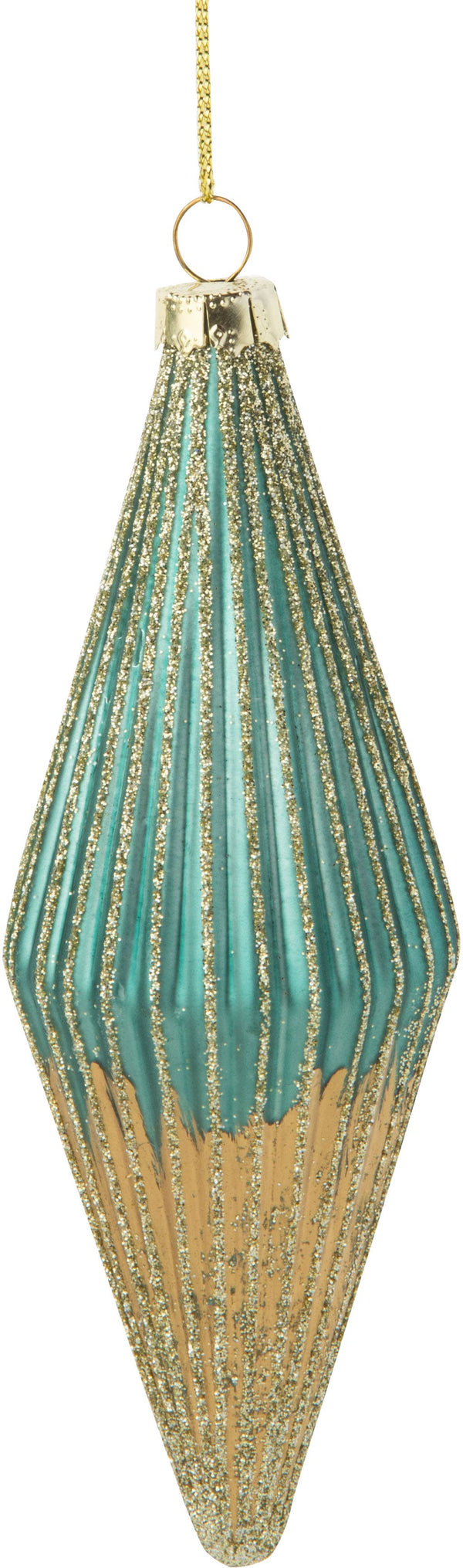 Ornement en forme de larme cannelée en verre soufflé | Ombré Turquoise Mat & Or