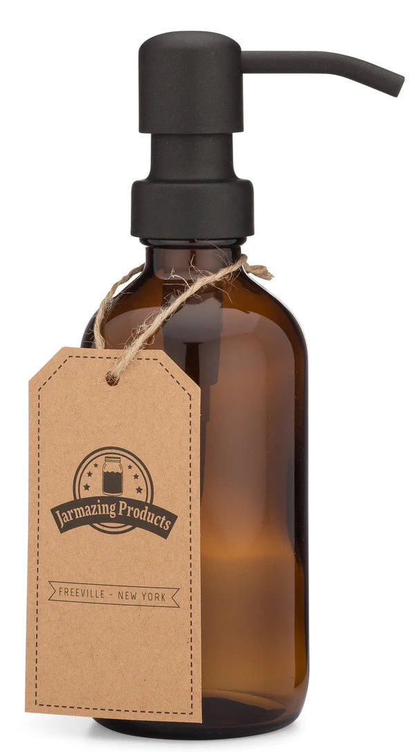 Distributeur en verre ambré de 8 oz avec pompe en métal noir mat