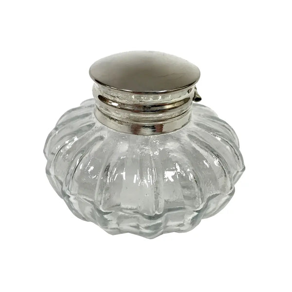 Pewter-Plated Inkwell Stand with Clear Glass Inkwell