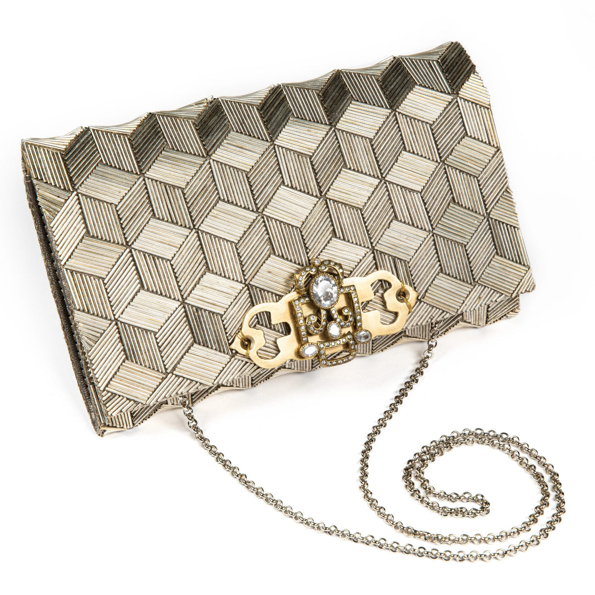 A beige handcrafted clutch bag with geometric embroidery, featuring a metallic gold thread and a chain attached to it.