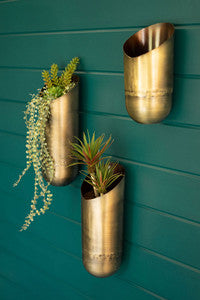 Set of 3 Antique Brass Wall Vases