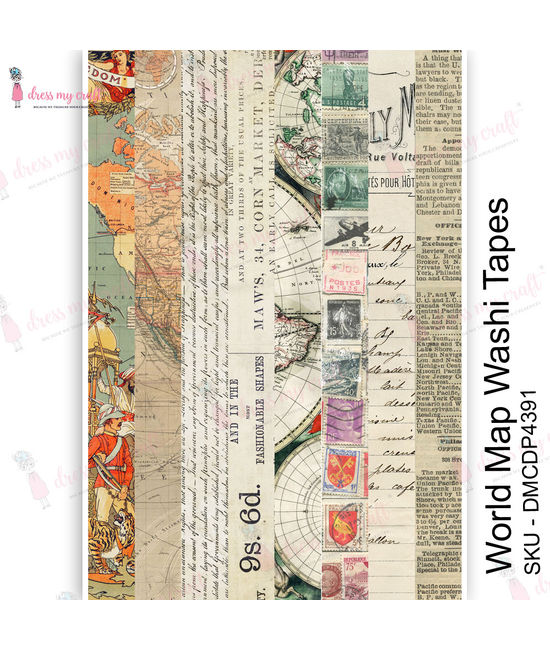 Dress My Craft Transfer Me Sheet A4 World Map Washi Tapes