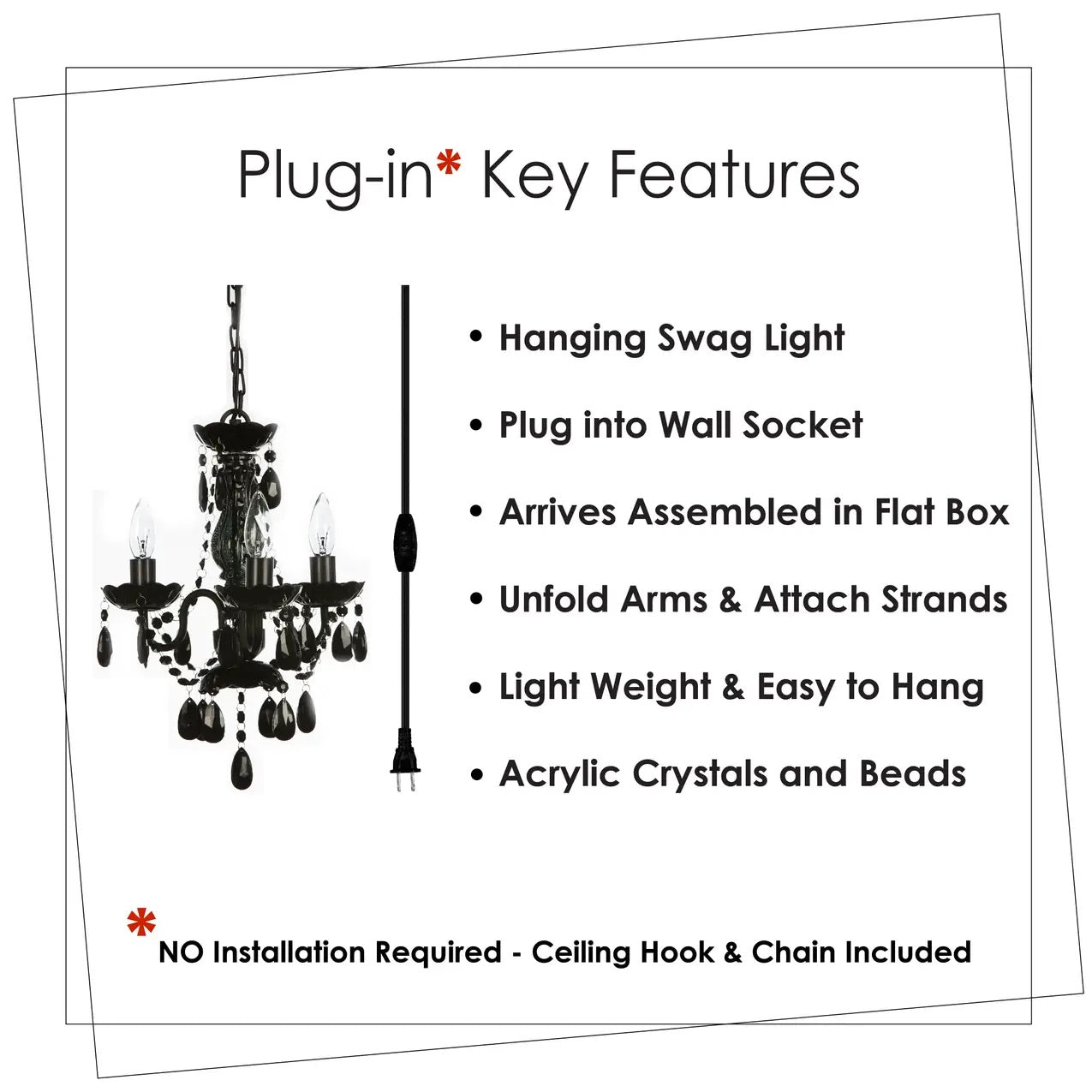Black 3-Light Plug-in Chandelier