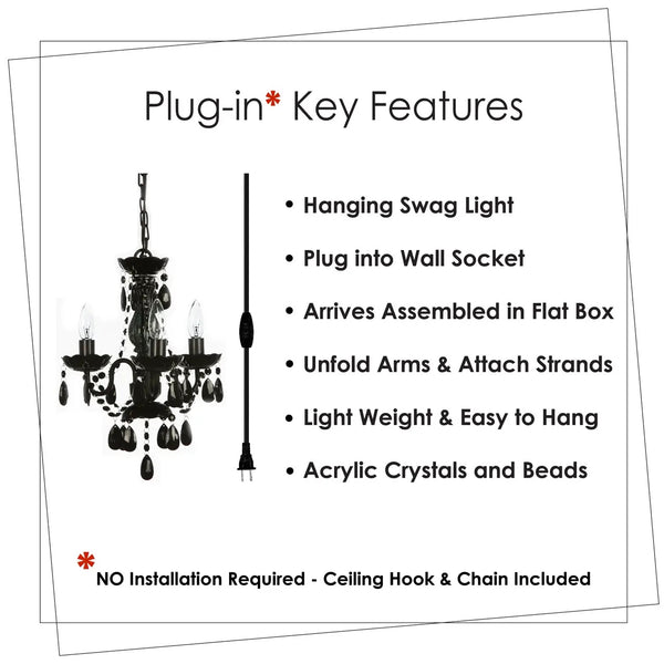 Black 3-Light Plug-in Chandelier