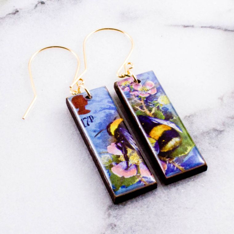 Vintage UK Postage Stamp Bee Earrings