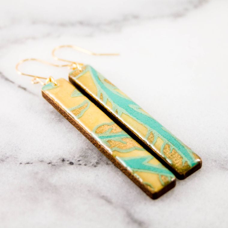 Aqua + Cream Paisley Bar Earrings