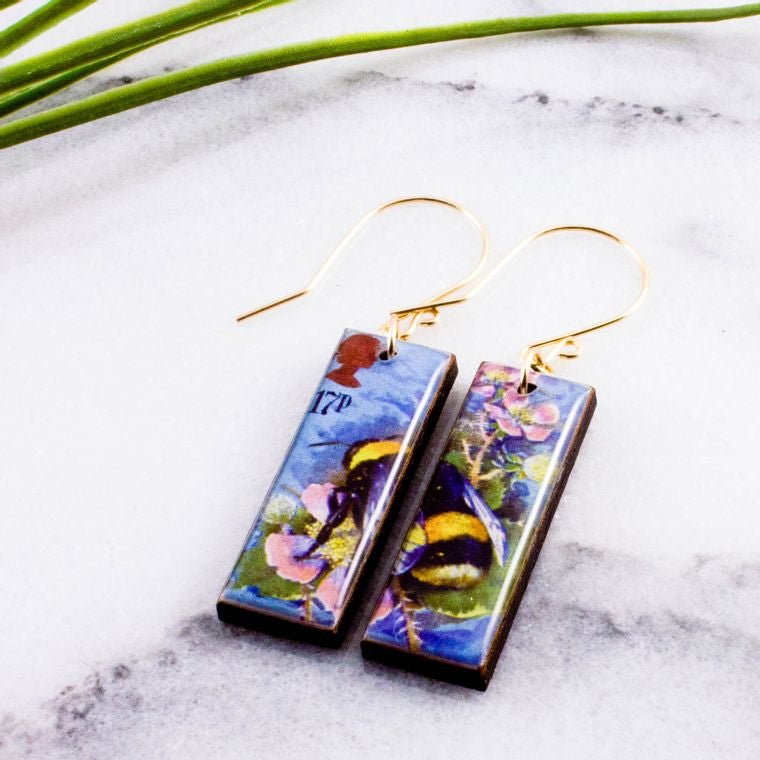 Vintage UK Postage Stamp Bee Earrings