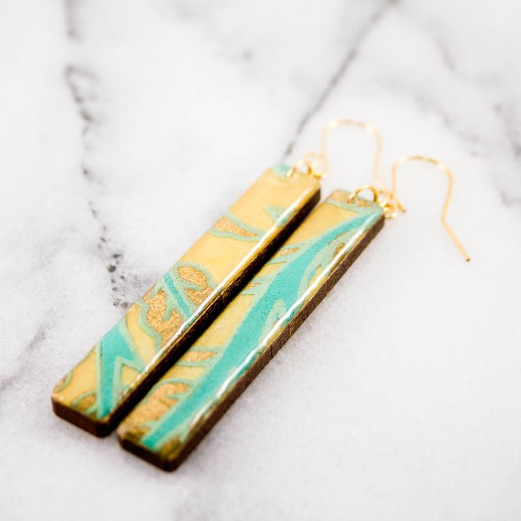 Aqua + Cream Paisley Bar Earrings