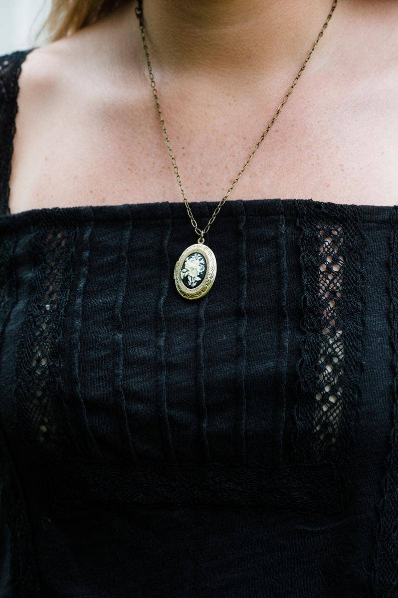 Ivory and Black Flower Cameo Locket Necklace