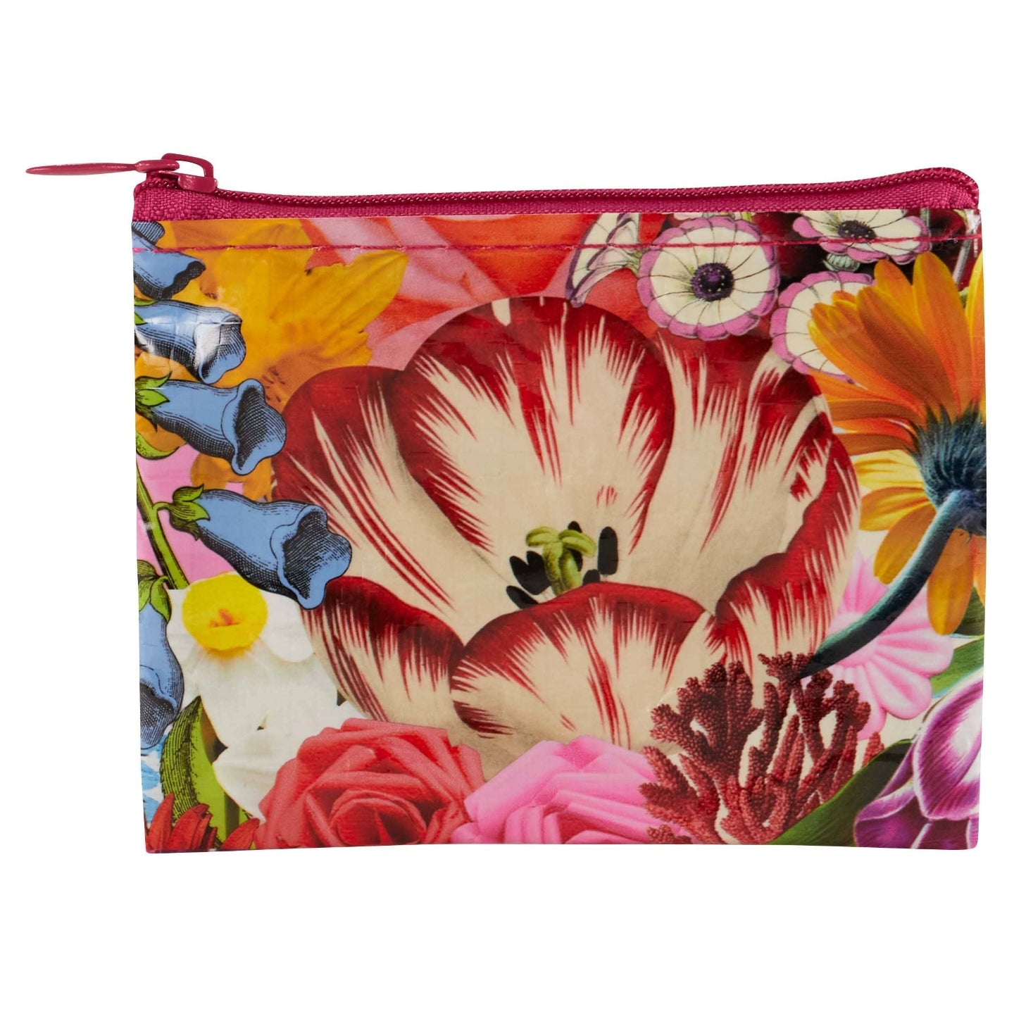 A square zippered pouch featuring a vibrant, dense floral print with a large red and cream tulip in the center, surrounded by pink, yellow, blue, and orange flowers. The pouch has a bright pink zipper and a matching pink pull tab, shown against a plain white background.