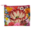 A square zippered pouch featuring a vibrant, dense floral print with a large red and cream tulip in the center, surrounded by pink, yellow, blue, and orange flowers. The pouch has a bright pink zipper and a matching pink pull tab, shown against a plain white background.