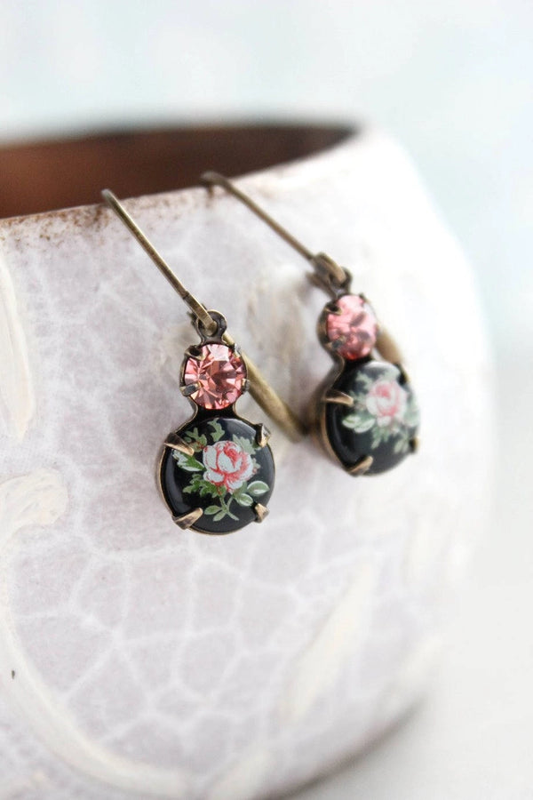 Vintage Glass Earrings - Little Pink Rose Cameo on Black