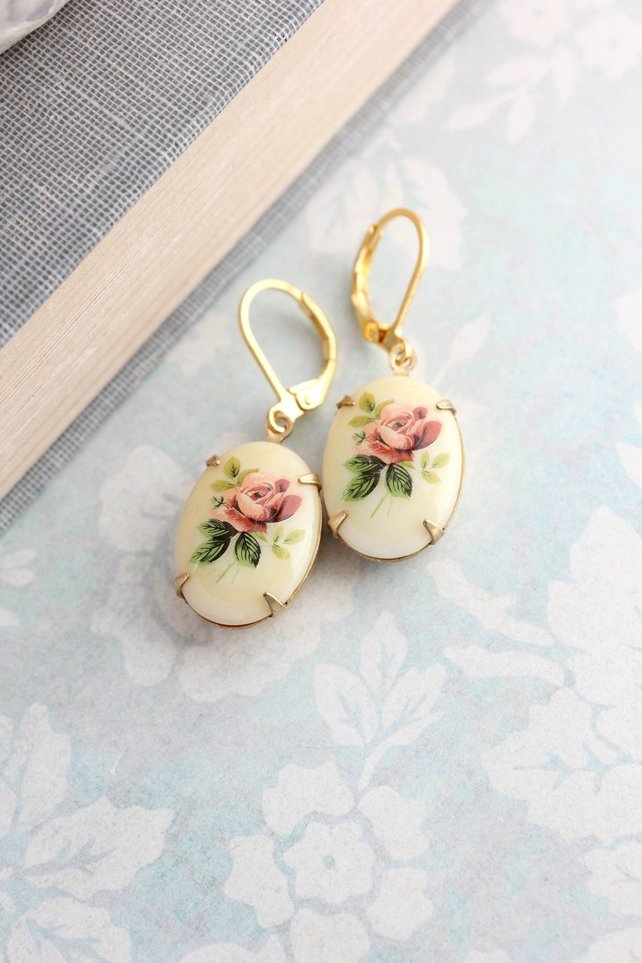 Vintage Style Red Rose Cameo Drop Earrings