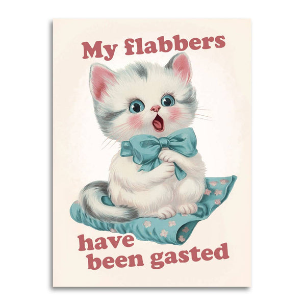 Vintage-style illustration of a kitten with a bow tie and humorous text on a light background