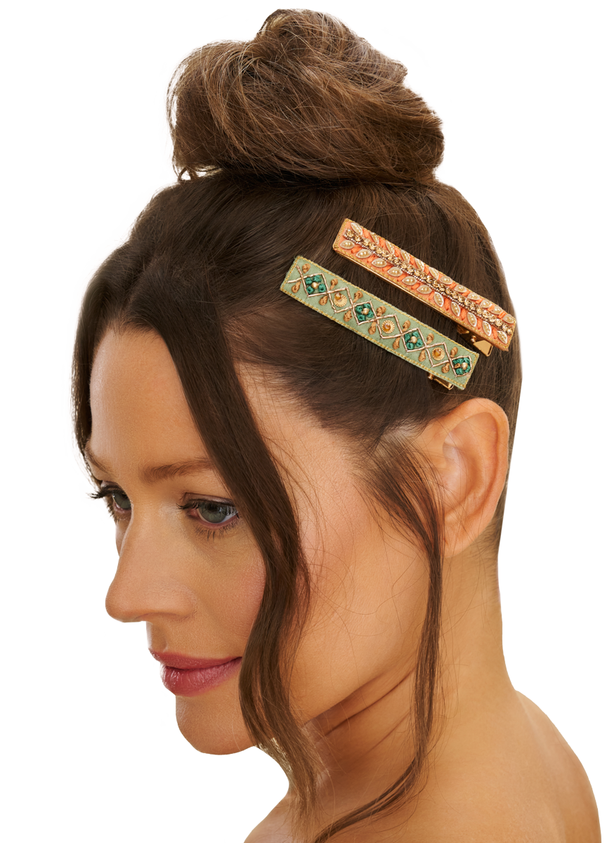 Ribbon + Stripe Set of 2 Narrow Jewelled Hair Bar Clips in Sage + Coral