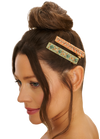 Ribbon + Stripe Set of 2 Narrow Jewelled Hair Bar Clips in Sage + Coral