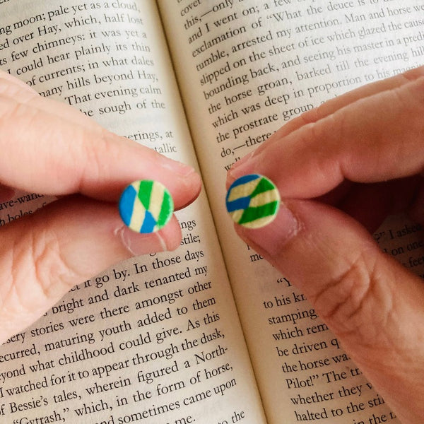 Green & Blue Mod Vintage Book Cover Post Earrings