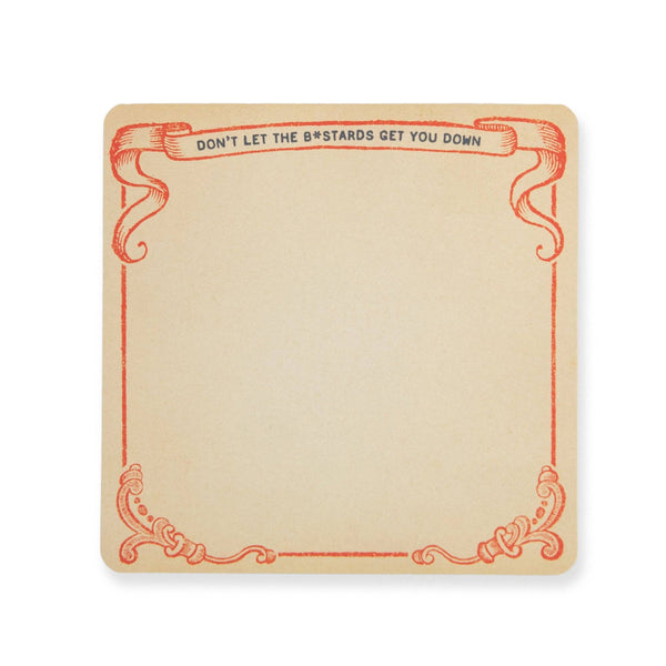 Note pad with decorative border and text on a white background
