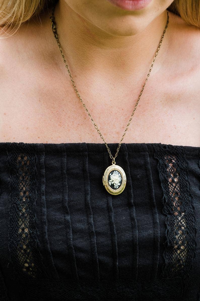 Ivory and Black Flower Cameo Locket Necklace