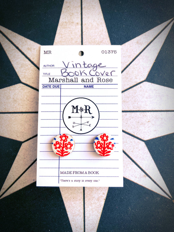 Vintage Book Cover Earrings Blue with Red Flower Post