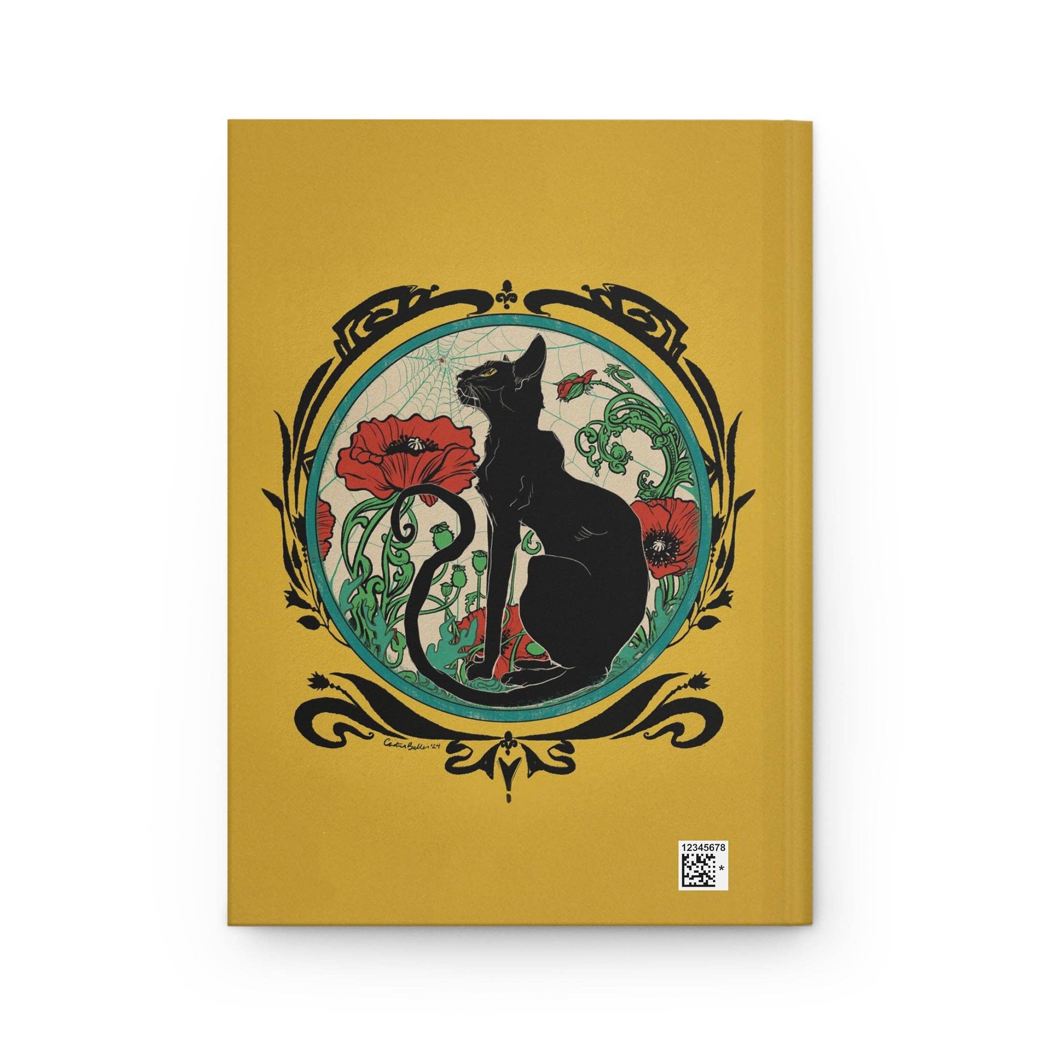 Chat Noir with Poppies on Yellow Matte Hardcover Journal
